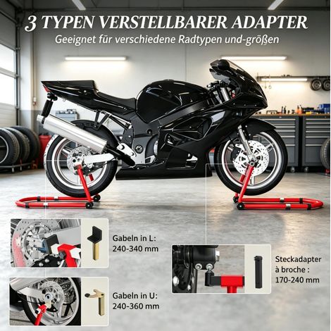 Béquille d’atelier moto avant/arrière en acier, charge recommandée 390 kg, rouge HAVRYA (1/5)