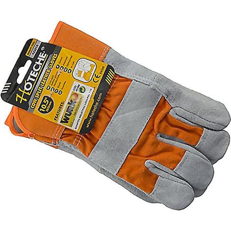 HOTECHE guantes lona serrage talla 10 industrial , Guantes de trabajo serraje y lonaTalla 10, Largo 265mmCon costurasPiel de serraje de vacaNaranja y grisUso in (1/2)