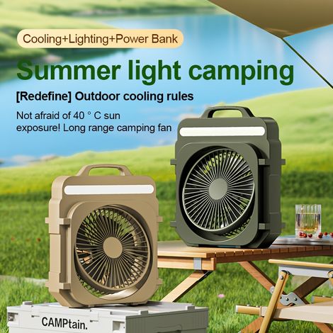 Lot de 2 ventilateurs de camping rechargeables, 5 vitesses, portables, USB, 3 modes d'éclairage, pour tente, plage, activités de plein air, urgence, voyages (1/5)