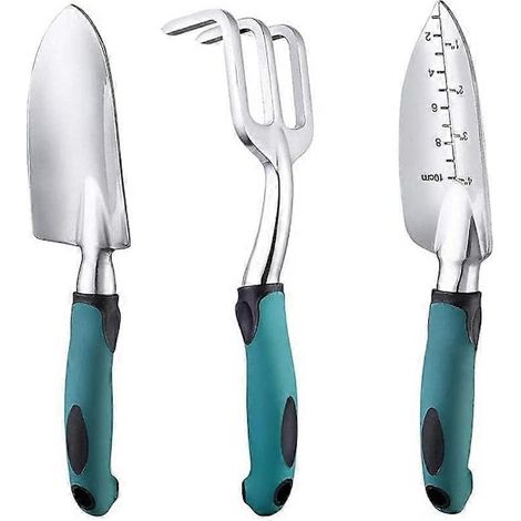 Ensemble d'outils de jardinage - Truelle, râteau, cultivateur, outil de désherbage pour la plantation avec poignée ergonomique - Vert (1/5)