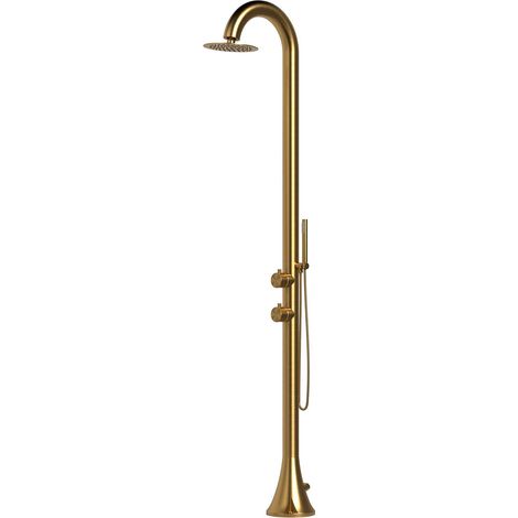 SINED Ducha Oro en Acero Inoxidable 316L Nautico con Doccino Flexible y Doble Entrada de Agua Caliente y Fría Ideal para Instalaciones Exteriores Modelo DOCCIA-INOX-LUNA-D-ORO