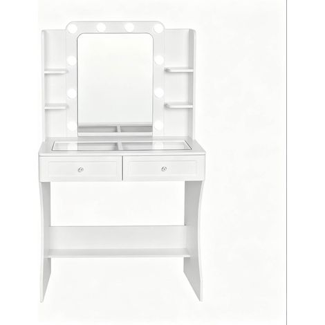 Coiffeuse blanche avec miroir et éclairage LED tricolore, plateau en verre trempé, 80x135x40 cm (1/5)
