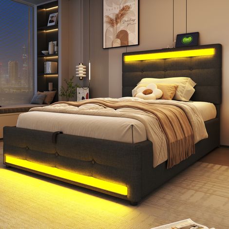 Polsterbett 90x200 mit LED und USB Grau Stoffbett OKMYHOME (1/5)