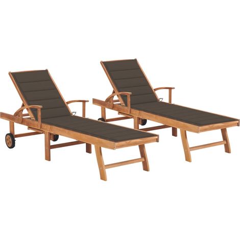 Lot de 2 transats chaise longue bain de soleil lit de jardin terrasse meuble d'extérieur avec coussin taupe bois de teck solide