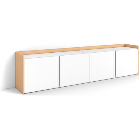 Skraut Home - Meuble TV, Banc Télé, Grand espace de Rangement, 207x35x50cm, Pour les TV jusqu'à 80", Meubles de salon, Style moderne, Blanc et Chêne Soft (1/5)