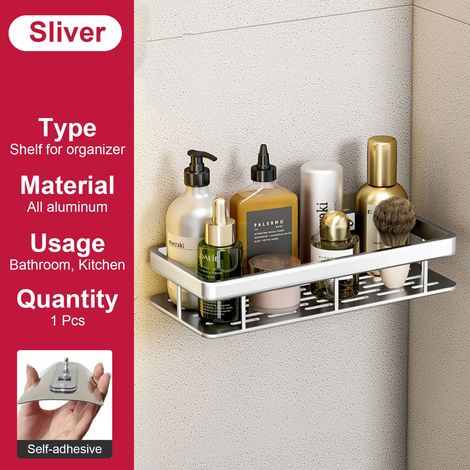 Étagère de salle de bain (argentée) sans perçage, fixation murale, porte-flacon de shampoing, étagère d'angle de douche, étagère de rangement pour toilettes, accessoires de salle de bain et de cuisine (1/5)