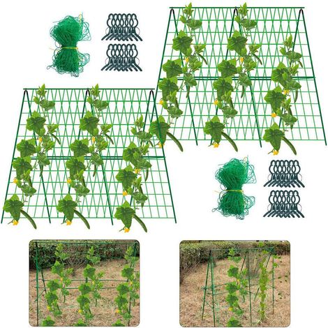 Lot de 1 treillis de jardin en métal avec cadre en A - 120 cm - Avec filet et clips - Amovible - Pour plantes en plein air - Concombre - Fleurs et légumes (1/4)