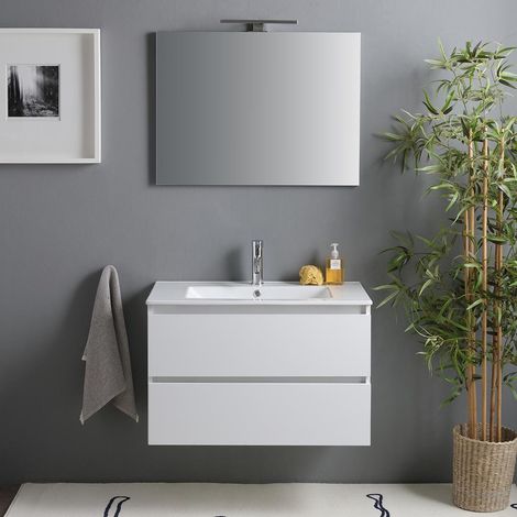 Kiamami Valentina – Meuble de salle de bain suspendu blanc brillant 80cm – 2 tiroirs avec fermeture soft-close – Lavabo en céramique – Miroir 80x60 avec lampe — vue 2