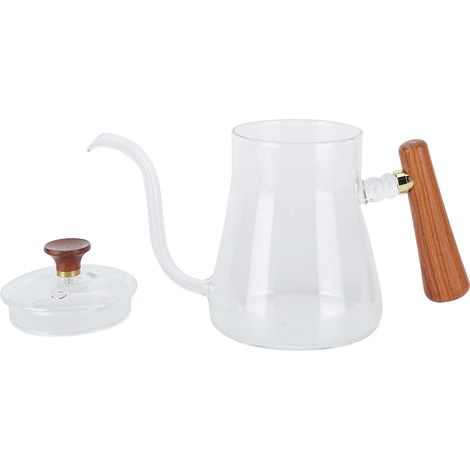 350 ml Teekanne aus Borosilikatglas mit feinem Ausguss, transparente Schwanenhalskanne für Filterkaffee, Holzgriff (1/5)