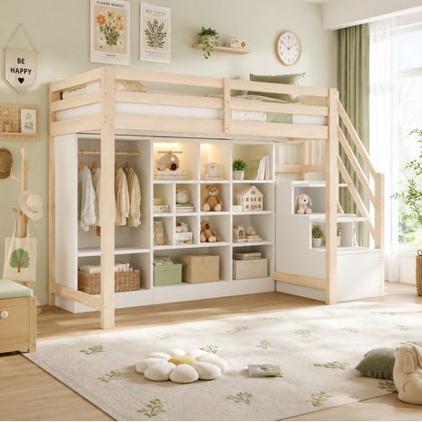 Hochbett 90x200 cm Weiß/Naturholz aus Holz mit Stauraum, Kleiderschrank, LED-Beleuchtung und Seitenleiter (1/5)