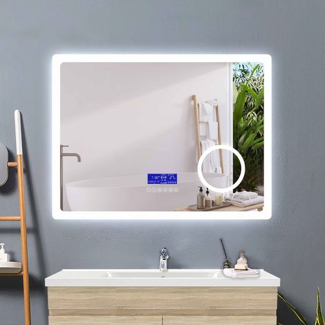Acezanble – Miroir lumineux de salle de bain 80x60 cm – Éclairage LED réglable – Fonction anti-buée – Haut-parleur Bluetooth intégré – Panneau LCD tactile - 2couleurs