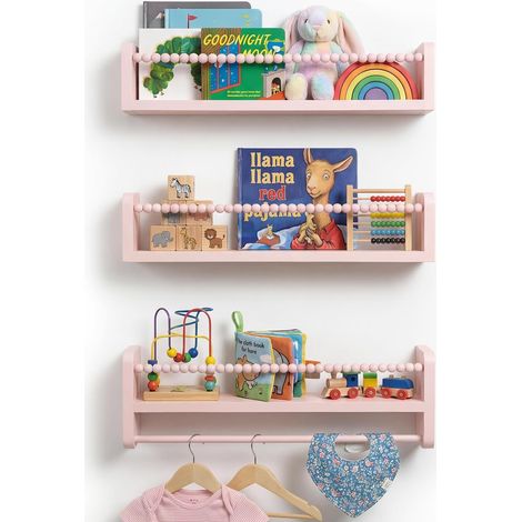 Lot de 3 étagères murales flottantes pour Chambre d'enfant Rose Chambre d'enfant, chambre à coucher et cuisine en bois naturel avec barre porte-serviettes à suspendre (1/5)