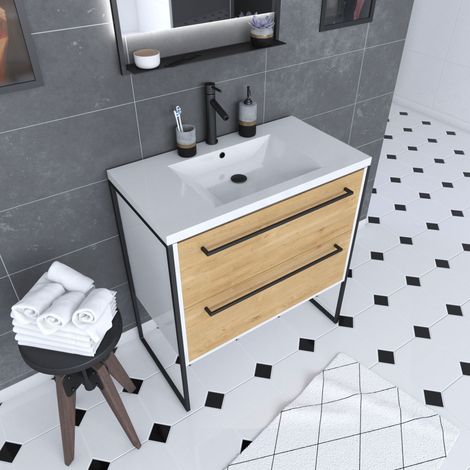 Mobile bagno 80x50 cm bianco - 2 cassetti rovere naturale - lavabo bianco