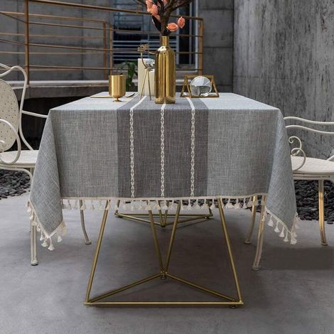 Nappe Exterieur Rectangulaire Anti Tache Nappe Lavable Tissu Nappe Table a Manger Nappe Cuisine Nappe Picnic Nappe Design Pompon Décoration De Table(Rayures Grises,140 x 140cm)
