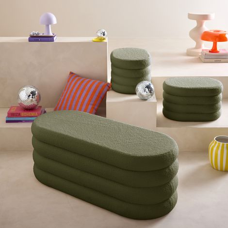 Banc coffre en bouclettes kaki avec 2 poufs ovales de rangement intégrés - L111cm (1/5)