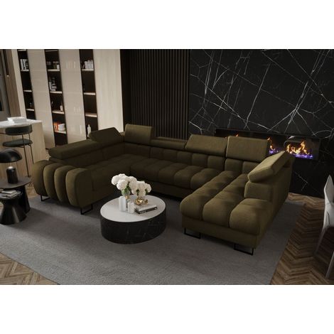 Wohnlandschaft Schlafsofa BASTIEN in Stoff Moly Dunkelgrün Ottomane Rechts