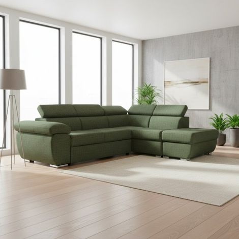 Divano letto Fiona angolare con penisola destra e pouf contenitore in tessuto Aragon 39 verde oliva