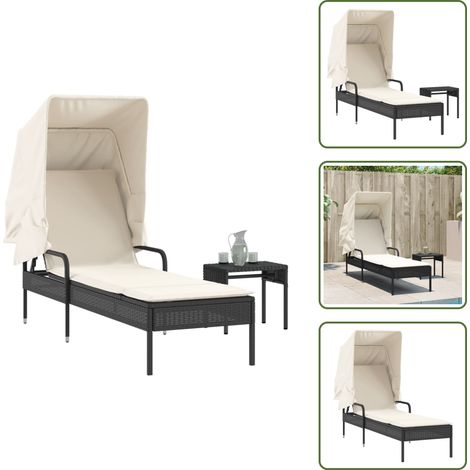 The Living Store Sonnenliege mit Dach und Tisch Schwarz Poly Rattan - Sonnenliege mit Dach