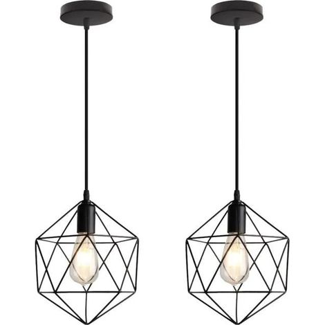 U-Do 2Pcs Lustre Suspension Cage en Fer Noir Lampe forme Diamant Lustre Plafonnier Ajustable design Vintage pour Chambre Couloir (1/4)