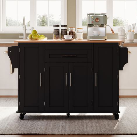 Isla de cocina móvil 136x70x92 cm en MDF negro y natural, con almacenaje, FloraGrace (1/5)