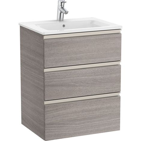 Meuble bas 3 tiroirs Unik + lavabo central THE GAP - ROCA Couleur : Chêne City texturé - Dimensions : 605x460x763 mm (1/3)