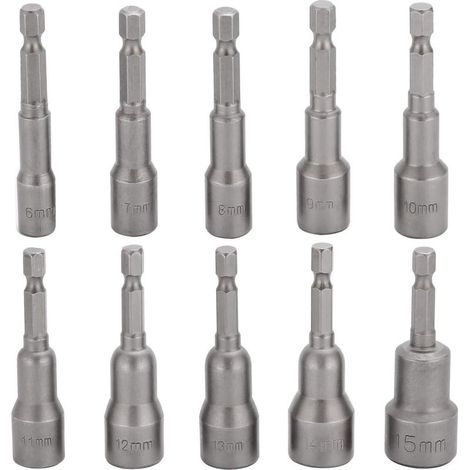10 Pcs Embout Douille Visseuse à Choc 6-15mm Set Magnétique Hexagonale Douille Jeu de Embout Aimanté Perceuse Prise Hexagonale douille Set 1/4 Pouce pour Mandrin à Changement Rapide (1/4)