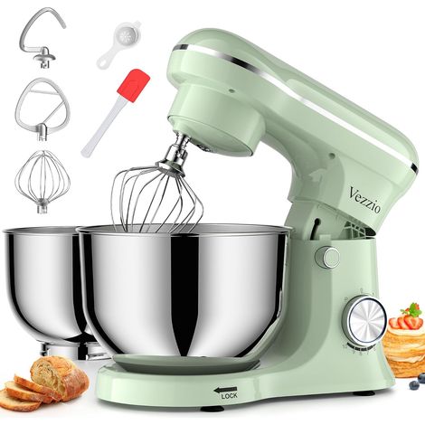 Robot Pâtissier 1500W, Robot Cuisine avec Double Bol Acier Inoxydable (5L + 6L), 10 Vitesses, Pétrin Électrique avec Fouet, Crochet et Batteur Plat, Pour Pâtisserie et Cuisine(Vert) (1/5)