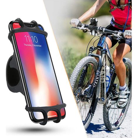 Support de téléphone pour vélo, support de guidon, support de téléphone en silicone réglable pour smartphones (noir), compatible avec tous les modèle