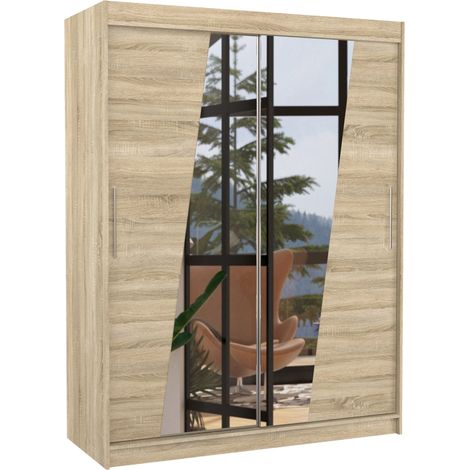 Armoire de chambre 2 portes coulissantes bois clair et miroirs en diagonale Bekone 150cm (1/5)