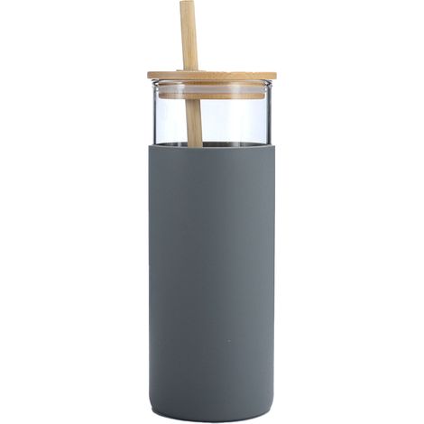 Gobelet en verre avec manchon en silicone, cadeau de Saint-Valentin pour elle, bouteille d'eau en verre avec paille, manchon de protection en silicone et couvercle en bambou (1/5)