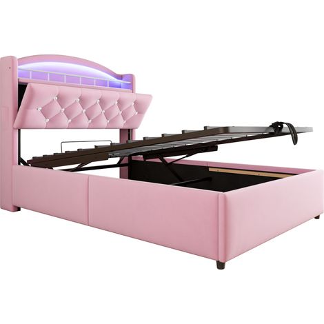 Letto contenitore per bambini 90 x 200 in velluto rosa con LED, USB e porta Type-C (1/5)