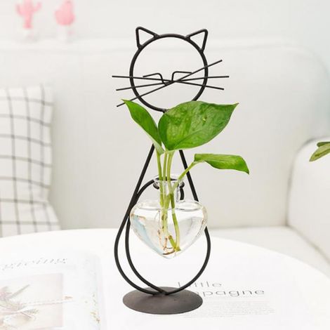 Vase En Verre Pour Hydroponie - Support En Métal En Forme De Chat - Décoration Intérieure Jardin Mariage - 1 Pièce (1/5)