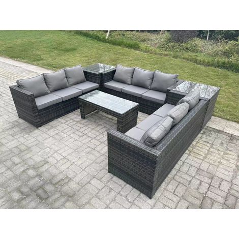 Fimous Extérieur en rotin salon de jardin canapé avec Table basse rectagulaire et 2 tables d’appoint (1/4)