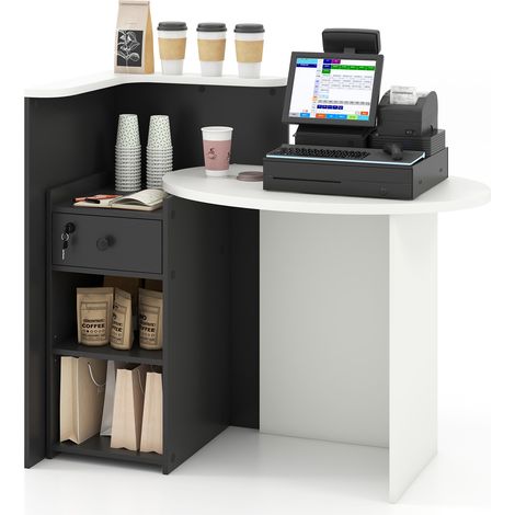 COSTWAY Reception Desk Front Computer Table Corner Writing Desk-White+Black (1/5)