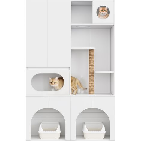 Meuble litière chat avec arbre à chat et rangement 140 x 45 x 195 cm, placard pour 2 bacs à litière, espaces de repos chat et chien, blanc - CHICFURN (1/5)
