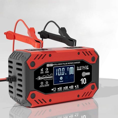 Chargeur de Batterie 10A 12V/24V, Chargeur pour Auto Moto Intelligent avec Écran Tactile LCD, Compensation de Température, Mode de Réparation, Ideal pour Moto, Voiture, Tondeuse à Gazon (1/5)