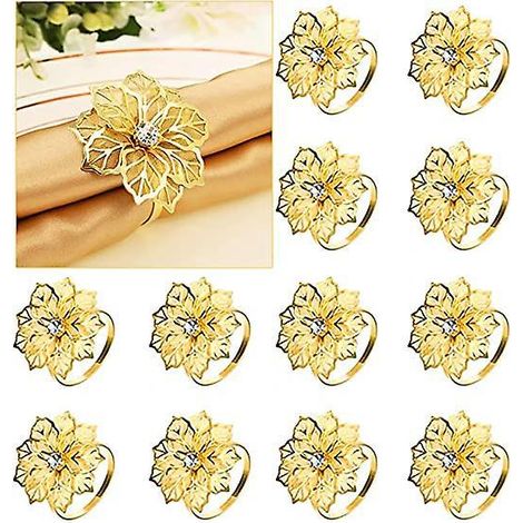 lot De 12 Ronds De Serviette En Mtal En Forme De Fleur Creuse Avec Strass Pour Mariage, Banquet, Nol Et Dcoration De Table Dor (1/5)