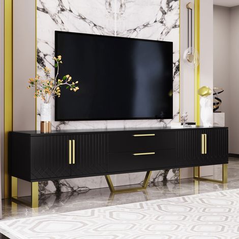 Meuble TV laqué brillant, piètement et poignées dorés, porte à motif ciselé, parfait pour séjour chic, luxe et pratique. [RÉF : WF315516517AAA] (1/5)