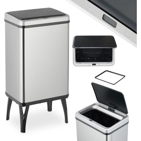 Relaxdays Cubo de Basura Cocina Sensor, 40L, Tapa Eléctrica, Soporte Bolsas, Papelera Automática Acero Inoxidable, Plata