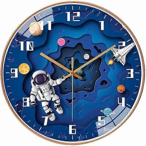 Wanduhr für Kinder, Astronaut, Rakete, Quarz, batteriebetrieben