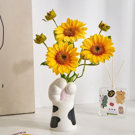 Vase en forme de patte de chat avec fleurs artificielles, vase décoratif pour salon, table de café, design créatif en résine - Noir et Blanc Patte (1/5)