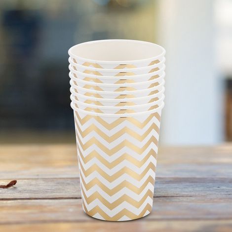 Lot de 8 gobelets en papier jetables double couche de 270 ml, motif vague doré, pour fêtes d'anniversaire. (1/5)