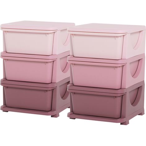 HOMCOM Set 2 Cassettiere a 3 Cassetti in PP Rosa 37x37x56.5 cm (1/5)