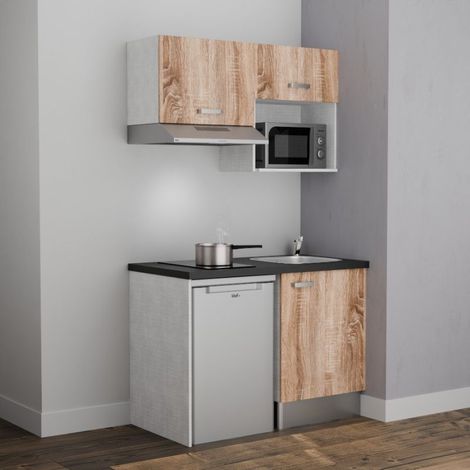 Kitchenette K02L-PT - 120 cm avec plan de travail et évier - emplacements frigo, hotte et micro-ondes - Façade Bois - Plan Noir texturé - Evier Inox - Crédences Non