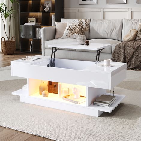 Tavolino da caffè con piano sollevabile e illuminazione a LED, 2 ante a soffietto, vano portaoggetti aperto, finitura bianco lucido, 98×45×40 cm (1/5)