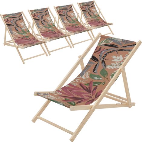 ECD Germany 5er Set Liegestuhl klappbar Floral Braun-Rot-Grün, Strandliege aus Holz, Sonnenliege mit verstellbarer Rückenlehne, Strandstuhl bis 120kg, Gartenliege Relaxliege für Garten Balkon Terrasse