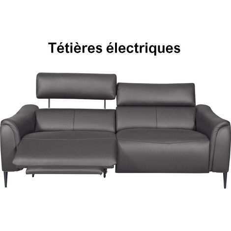Canapé 3 places avec 2 relax en 100% tout cuir épais de luxe italien avec 2 relax électriques et 2 têtières électriques, MILAN, gris (1/4)