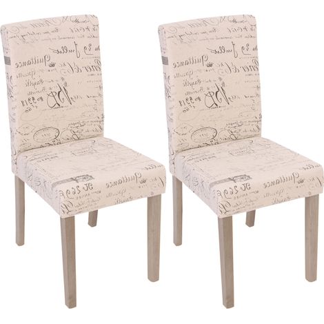 [NEUWERTIG] 2er-Set Esszimmerstuhl Littau, Stuhl Küchenstuhl Textil mit Schriftzug, creme, Beine Struktur - Eiche