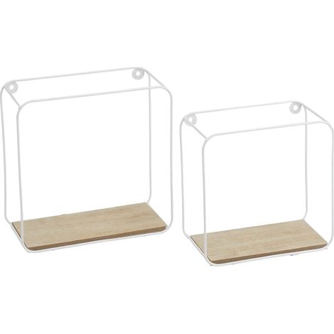 Set 2 Mensole Design Moderno Metallo Bianco Legno MDF Parete 21x10x21 cm (1/5)