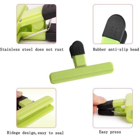 Lot de 4 clips de fermeture pour sacs alimentaires, anti-humidité, 15,5 cm, grand format, vert (1/4)